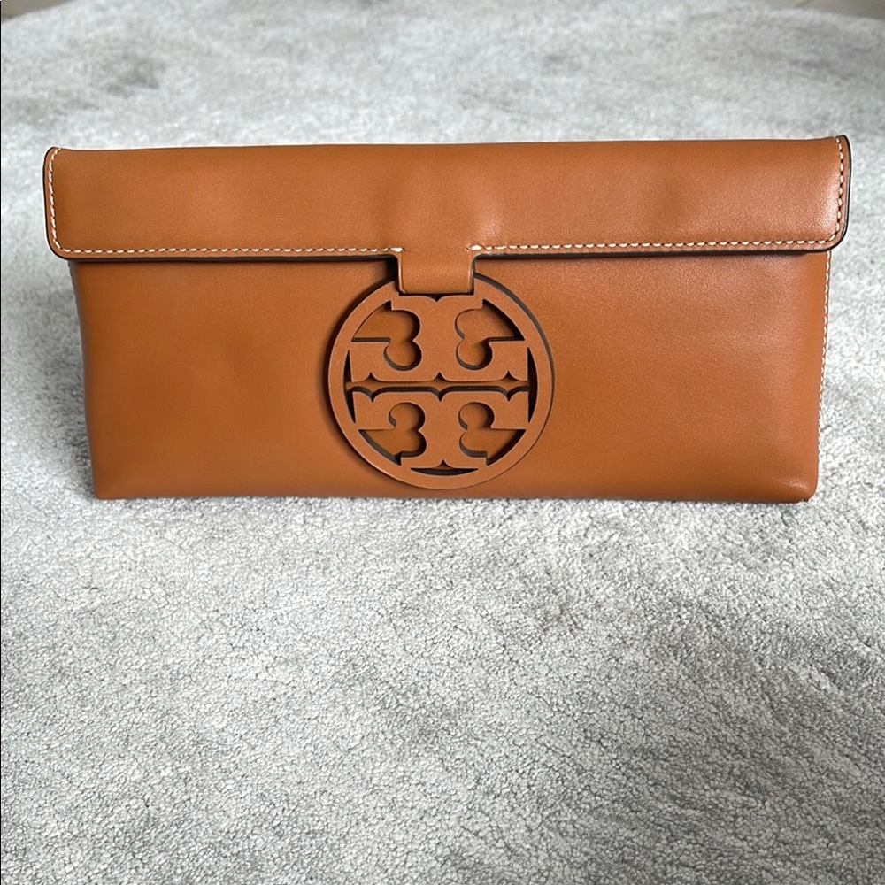 Tory Burch Tan Leather Clutch with Embossed Logo